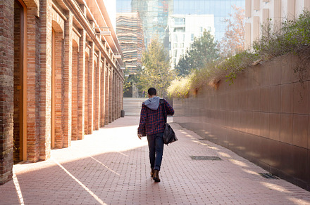Rear view of a attractive young man holding shoulder bag walking through the ci, a Person Photo by RF Images