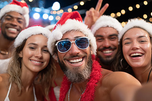 Group of joyful friends in Santa hat, a Person Photo by MistyDay