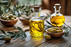 Bottles and bowls filled with golden, a Photo by Pavel_design