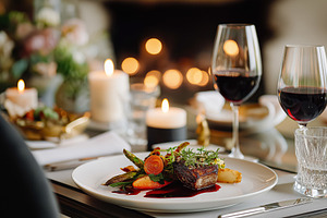Gourmet dinner enjoying fine dining with red wine glasses and candlelight creat, a Food & Drink Photo by Studio ANNA