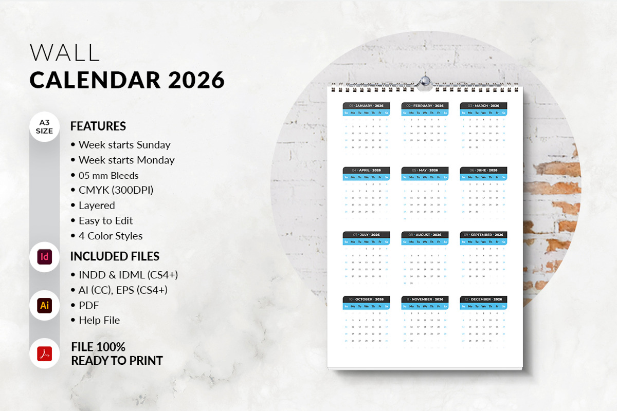 A3 Size Wall Calendar 2026 Printable, a Stationery Template by MstArtwork (Photo 2 of 8)