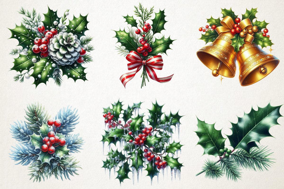 Festive Holly & Pine Branch Clipart, an Illustration by RobertsArt (Photo 4 of 5)