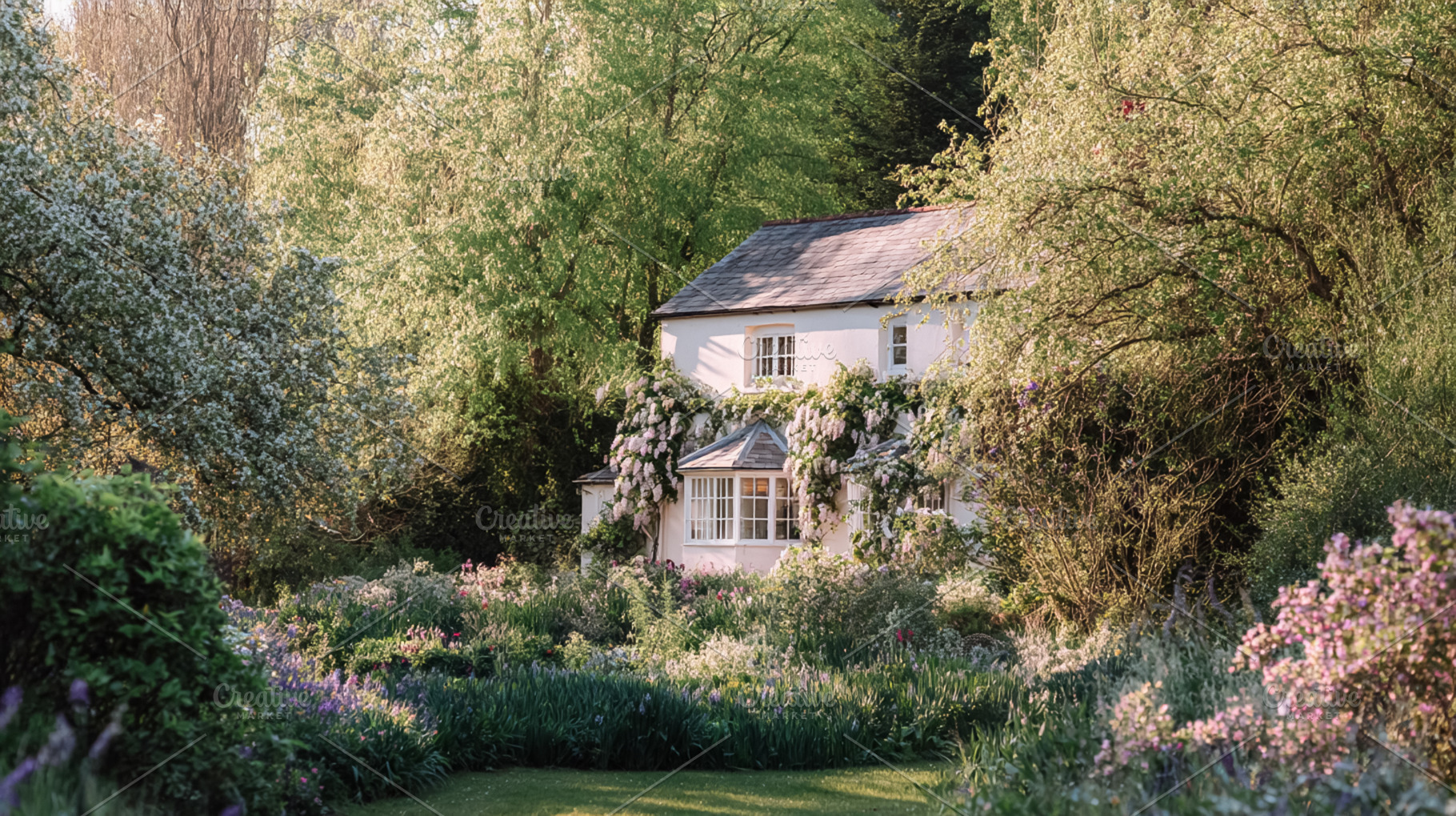 Idyllic cottage house nestled in lush green garden during spring, a Photo by Studio ANNA