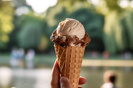 Children hand holding ice cream in waffle, outdoors. Generative AI, a Food & Drink Photo by AlyaAnd