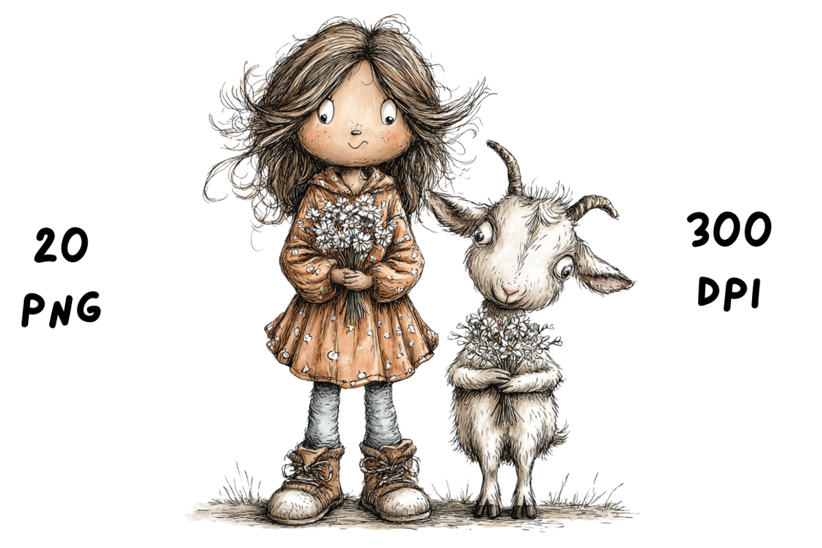Whimsical Floral Girl and Baby Goat, an Animal Illustration by GiraffeCreative (Photo 8 of 20)