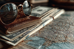 Sunglasses, passport and map on a travel desk with money suggesting budget trav, a Photo by AS photostudio