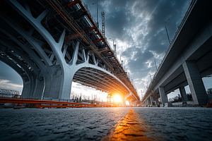 Impressive bridge construction illuminated by sunset under dramatic sky, an Industrial Photo by AS photostudio