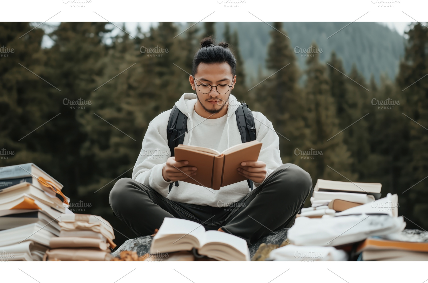 Asian man reading a book surrounded, a School & Education Photo by Sergey Kotenev
