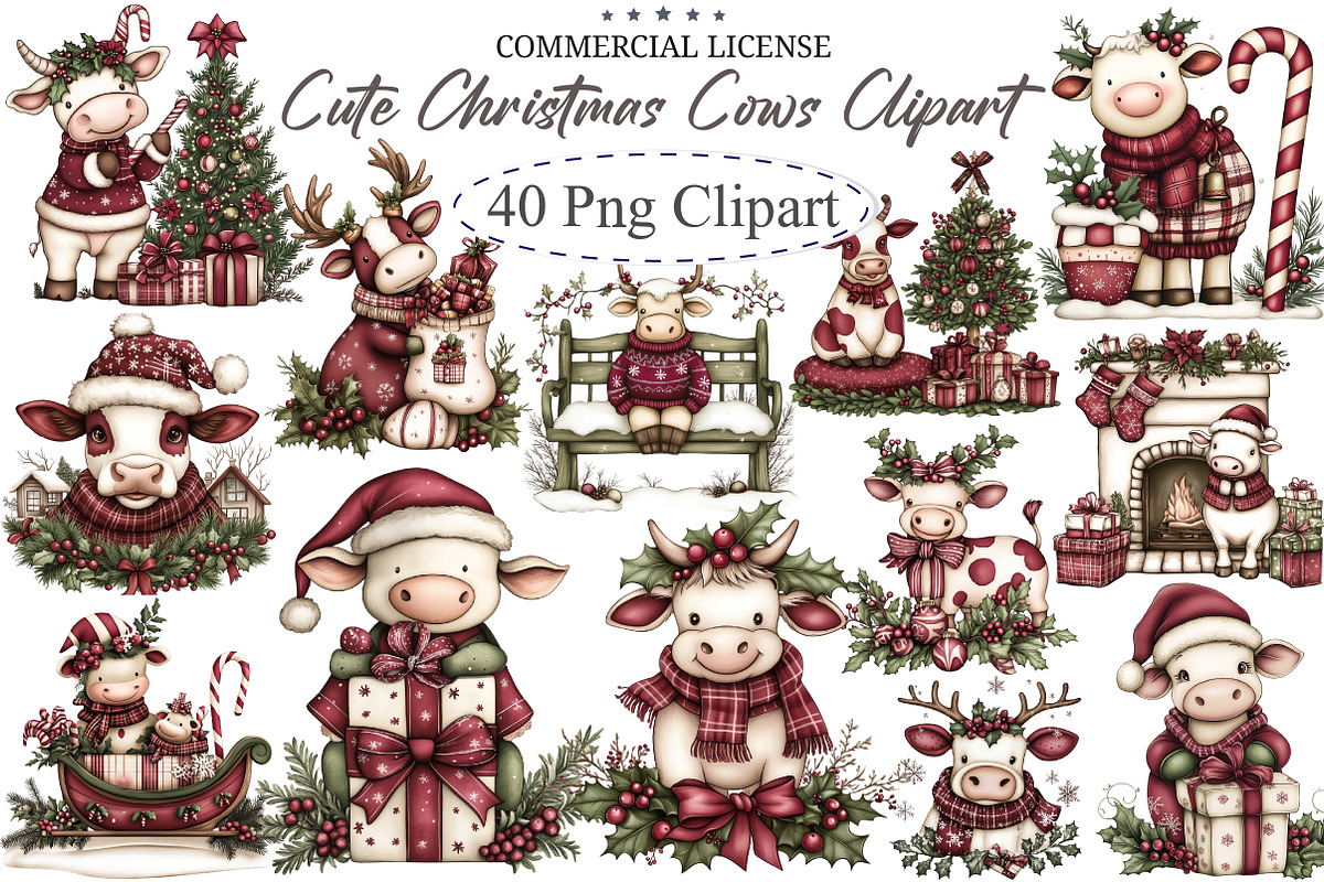 Cute Christmas Cows Clipart, an Illustration by designcity5 (Photo 1 of 5)