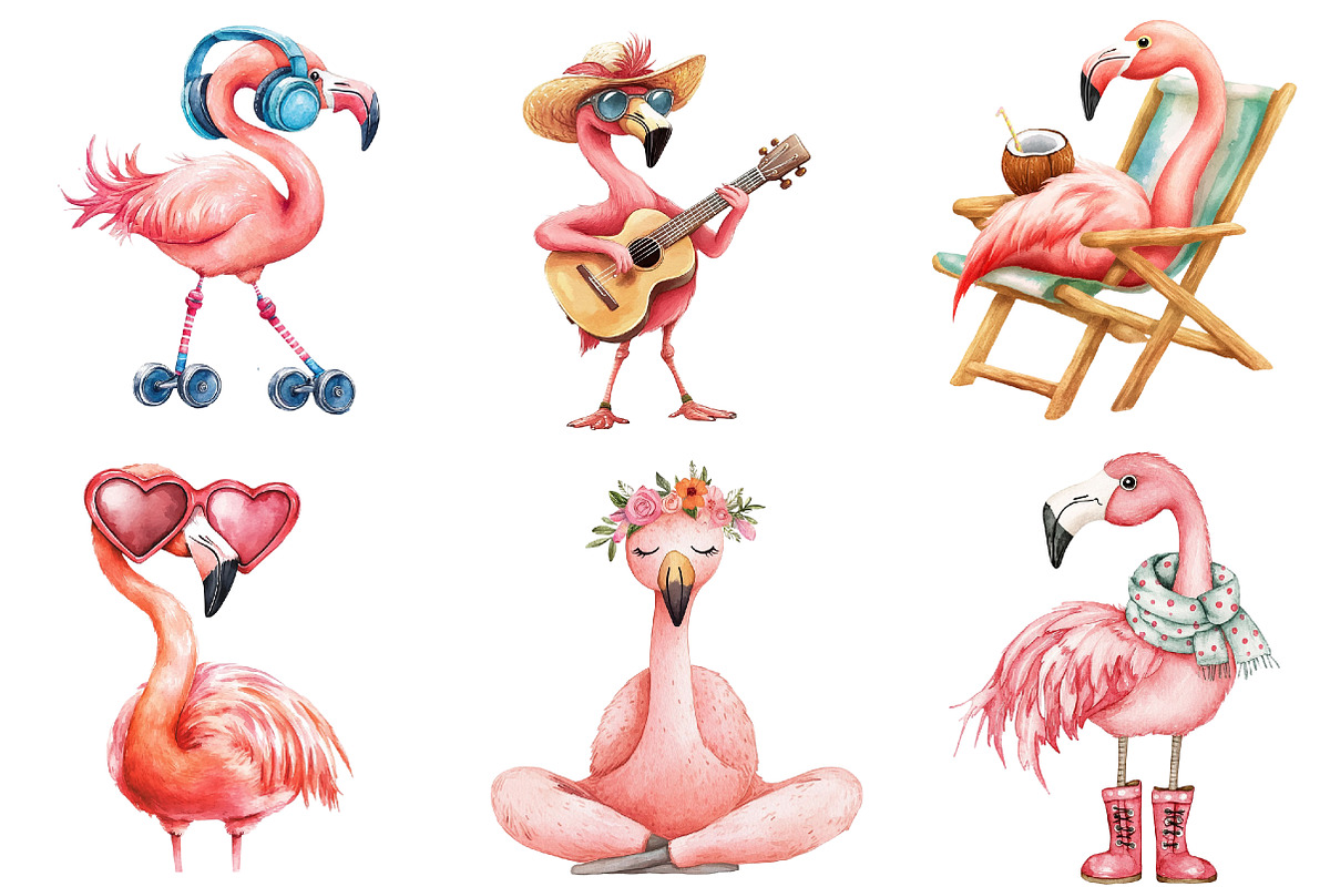 Quirky Flamingo Clipart, an Illustration by Watercolor design (Photo 2 of 4)