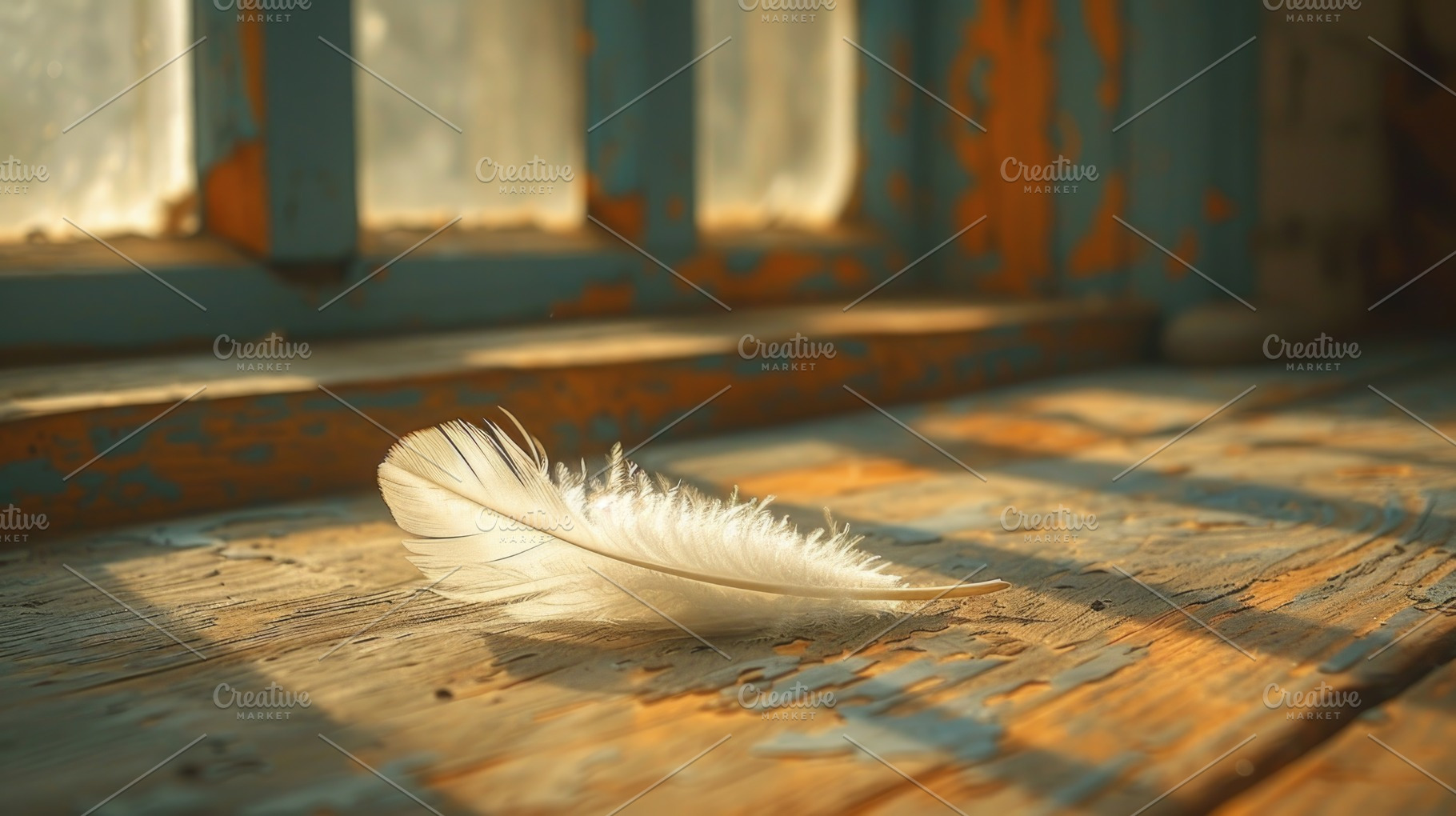 White Feather on Rustic Wooden Surface with Warm Sunlight, a Background Photo by José Manuel Gelpi