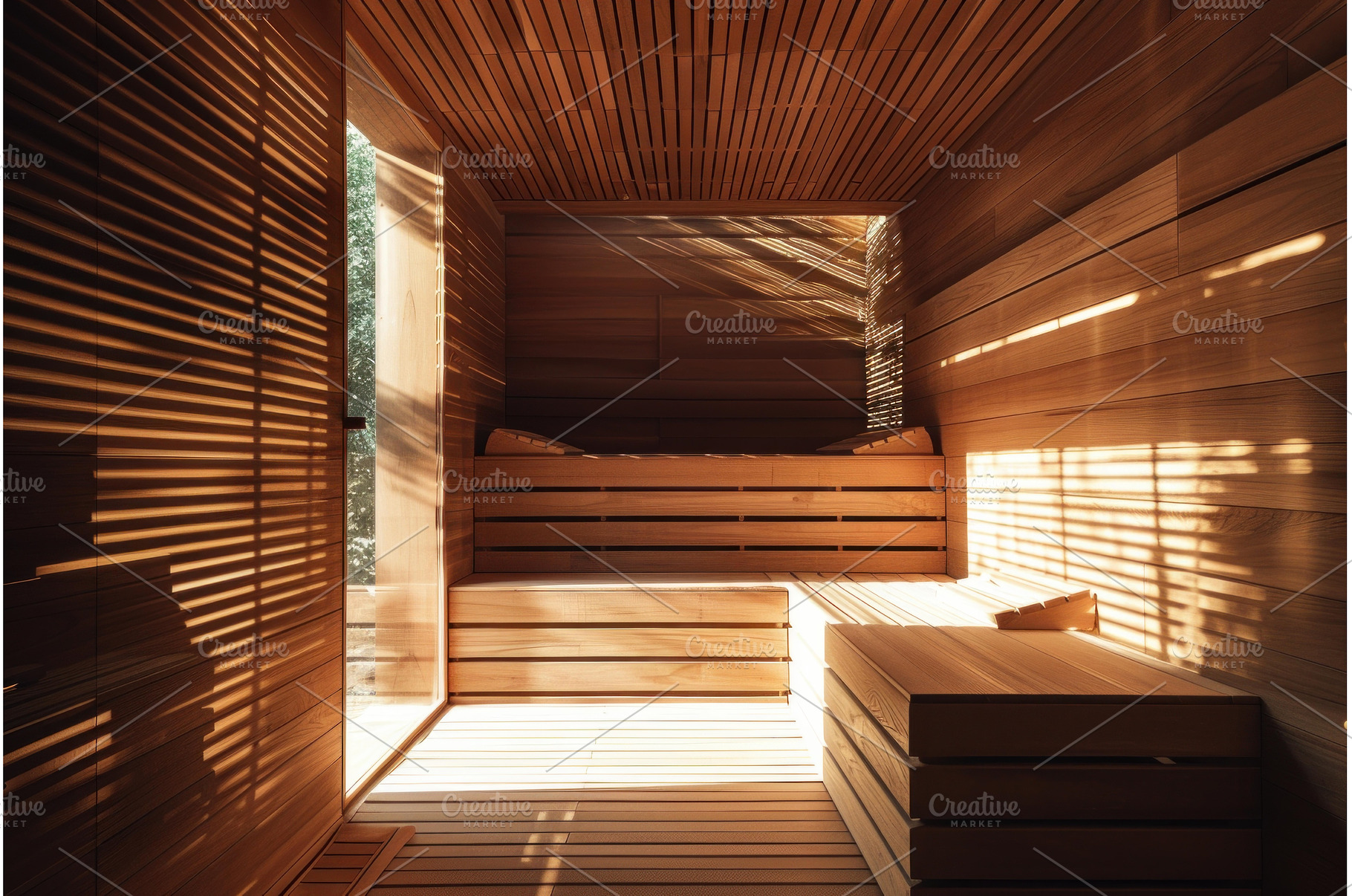 Sunlight illuminating empty sauna, an Architecture Photo by Ylivdesign