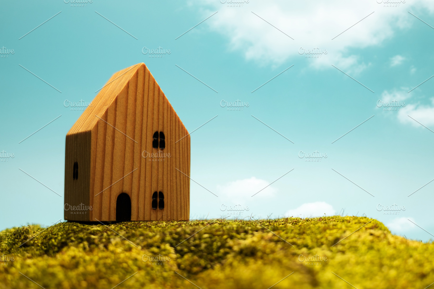 Small wooden house under blue sky,Harmony Lifestyle, sustainable, a Photo by salmon.black