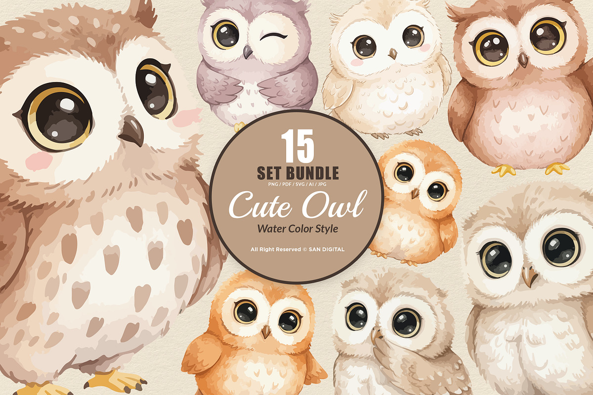 15 Bundle Watercolor Cute Owl Bird, an Animal Illustration by Morspective (Photo 1 of 8)