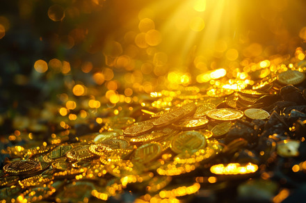 A heap of gold coins gleaming under, a Photo by Iftikhar Alam