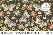 4 Seamless Butterflies Roses insects, a Pattern Graphic by Vintage (Thumbnail 1 of 14)