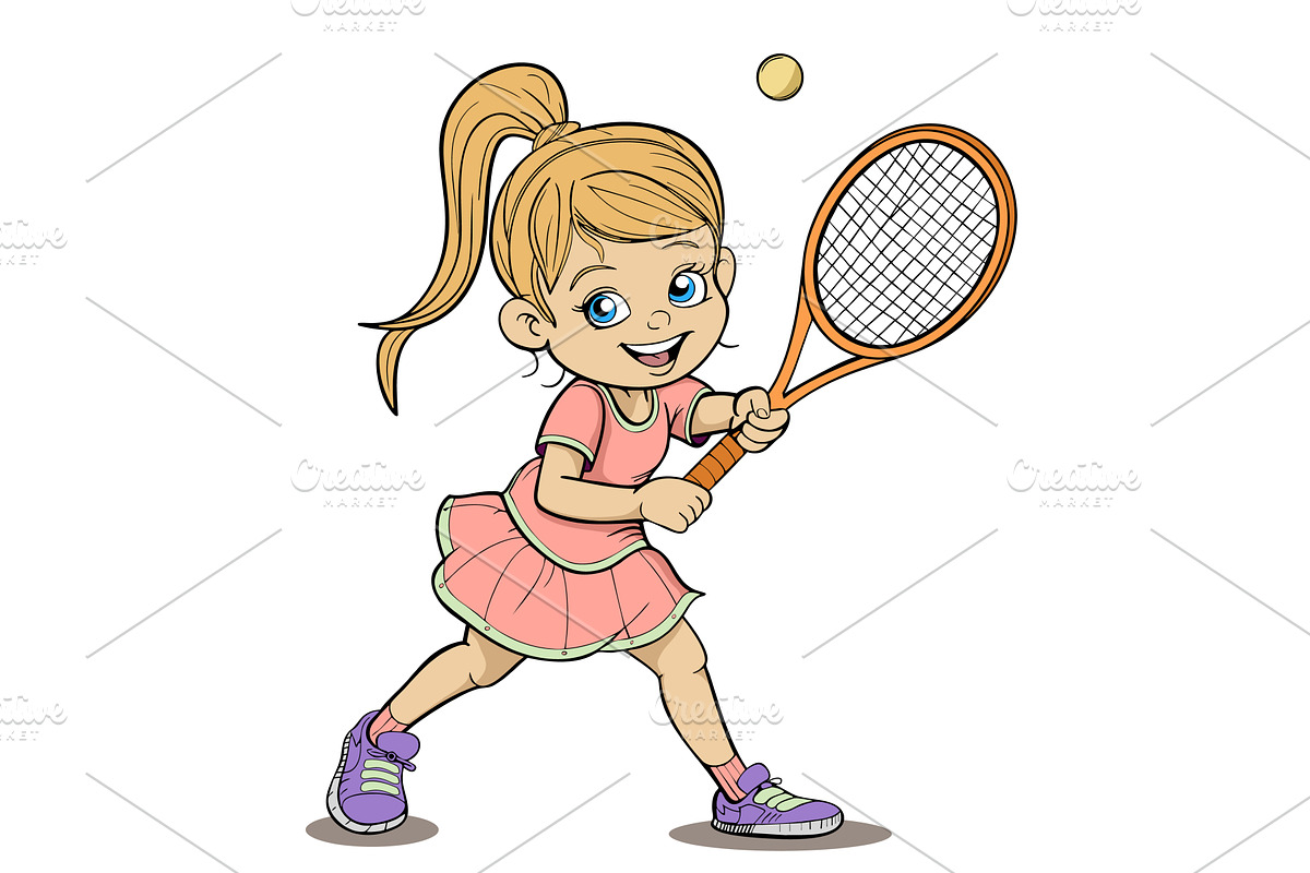 happy cute kid girl play tennis, an Illustration by piter.goskov