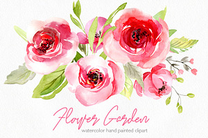 Watercolor Pink Roses Flowers Leaves