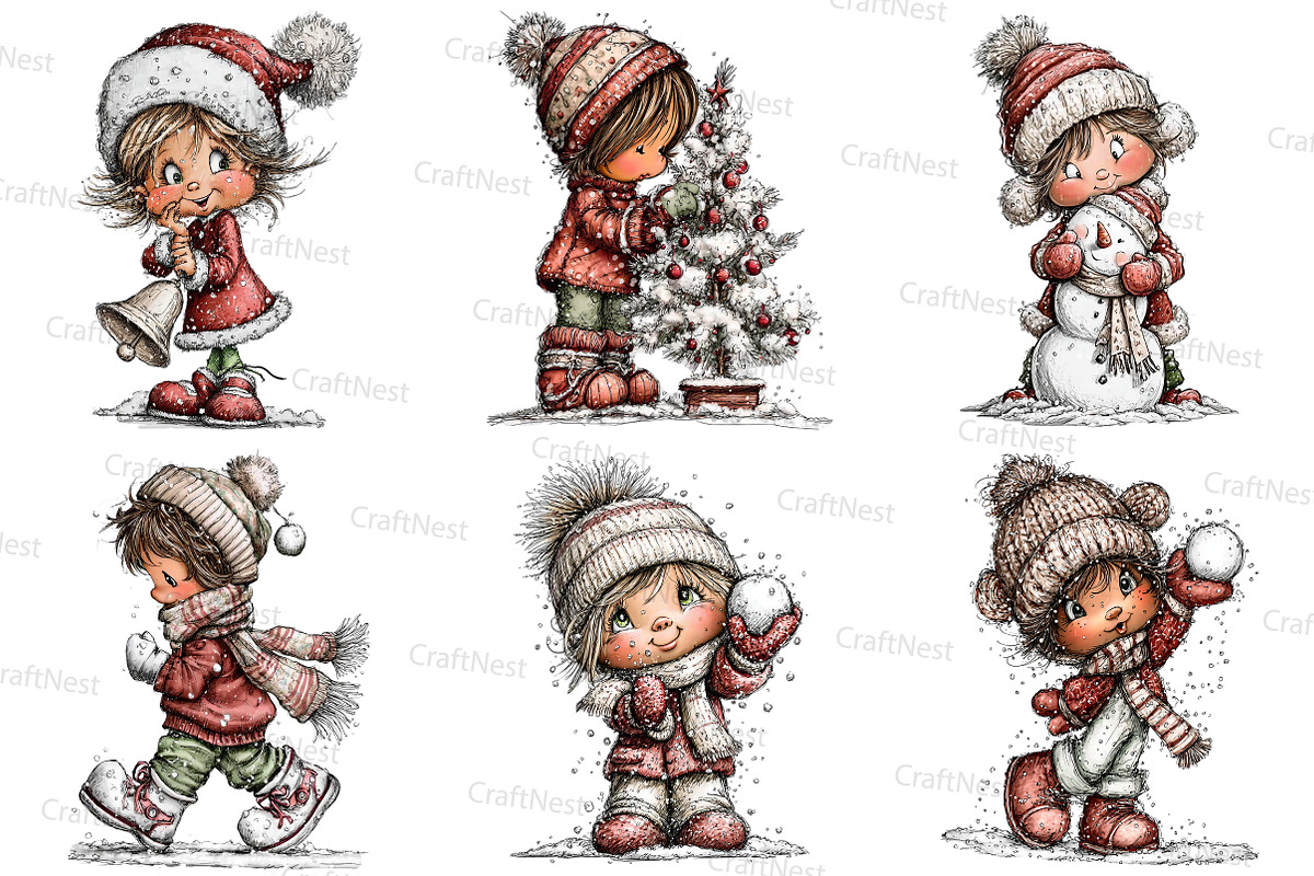 Vintage Kids  Christmas Clipart, an Illustration by Craft Nest (Photo 3 of 7)
