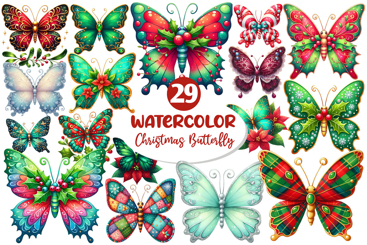 Christmas Butterfly Clipart Bundle, an Illustration by Dream Creation (Photo 1 of 6)