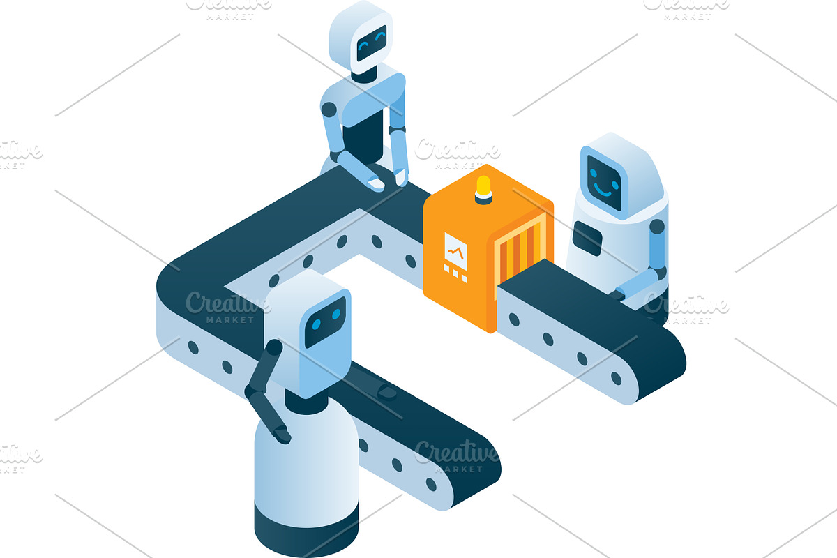 Robot working at conveyor vector, an Illustration by SiberianArt