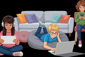 three children with digital devices, a Technology Photo by angellodeco