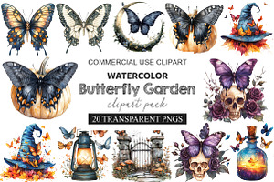 Halloween Butterfly Garden Clipart, a Work Illustration by cherrydesign