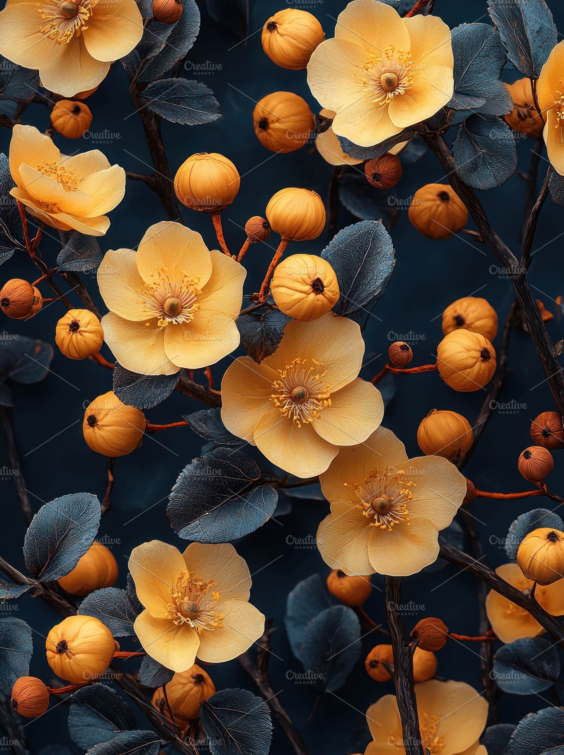 Yellow flowers and orange buds with dark textured leaves on bran, a Person Photo by José Manuel Gelpi