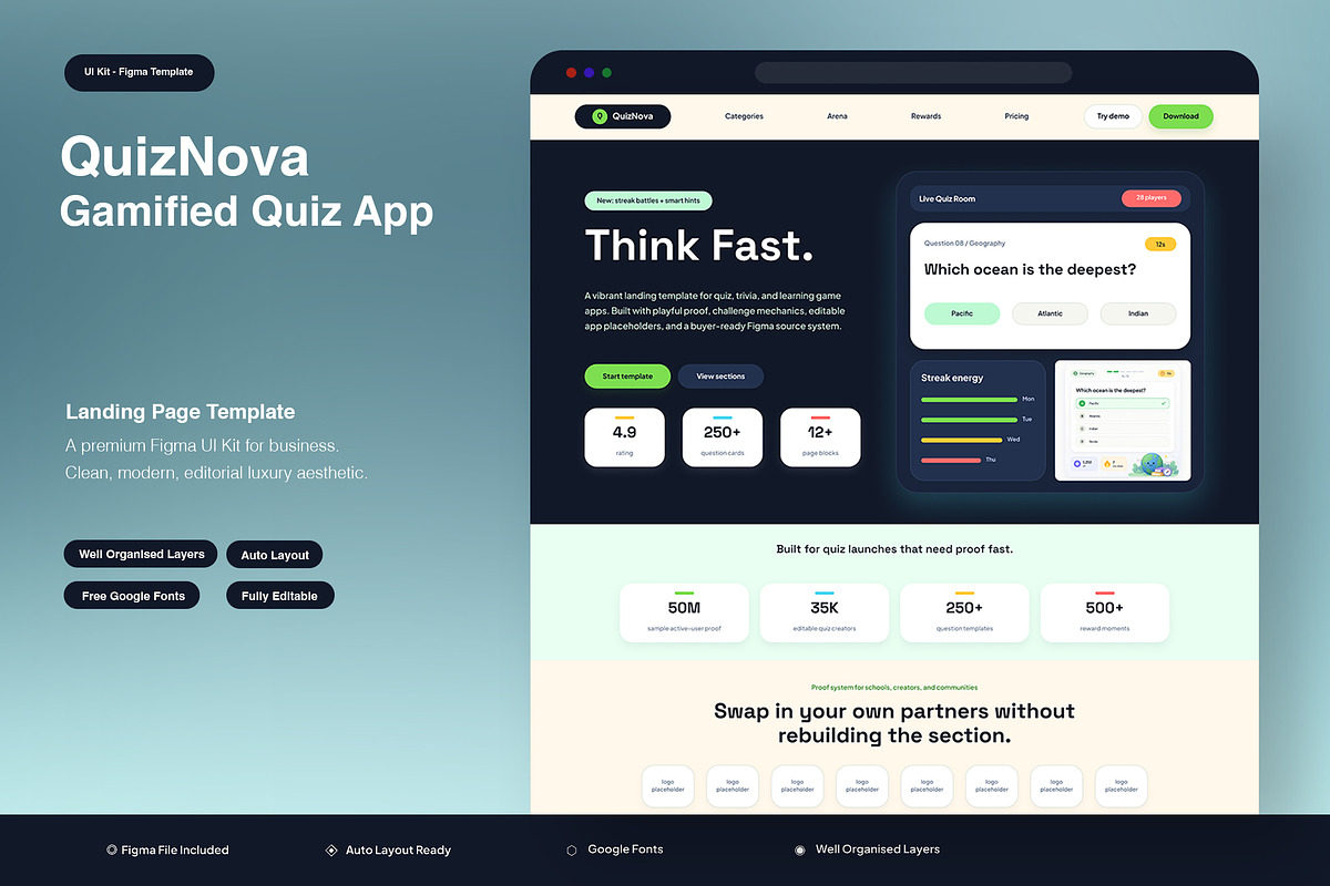 Gamified Quiz App Landing Page, an UI Kit Template by Pitchlook.Studio (Photo 1 of 3)