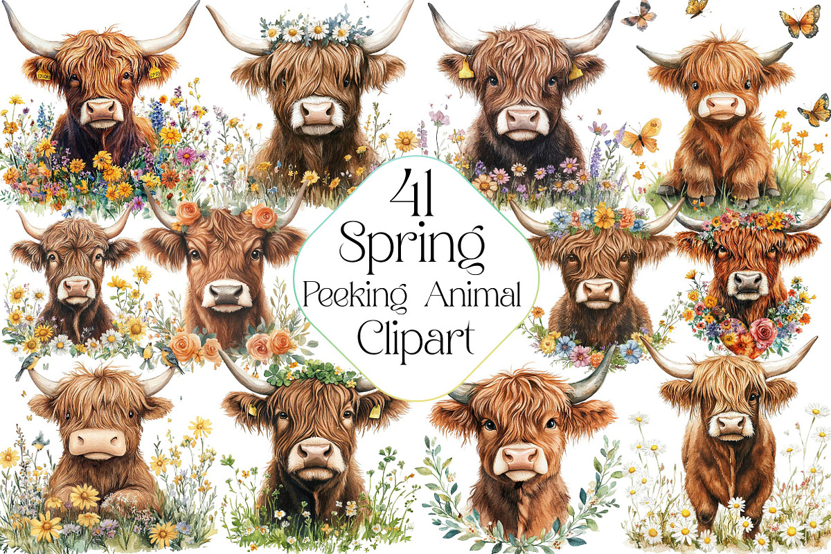 Watercolor Spring Peeking Animal Cli, an Illustration by DreamPrint404 (Photo 1 of 6)