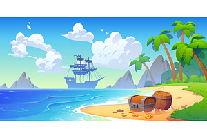 Pirate ship silhouette and treasures, an Illustration by Vector Tradition