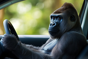 Gorilla holds the steering wheel, an Animal Photo by MistyDay