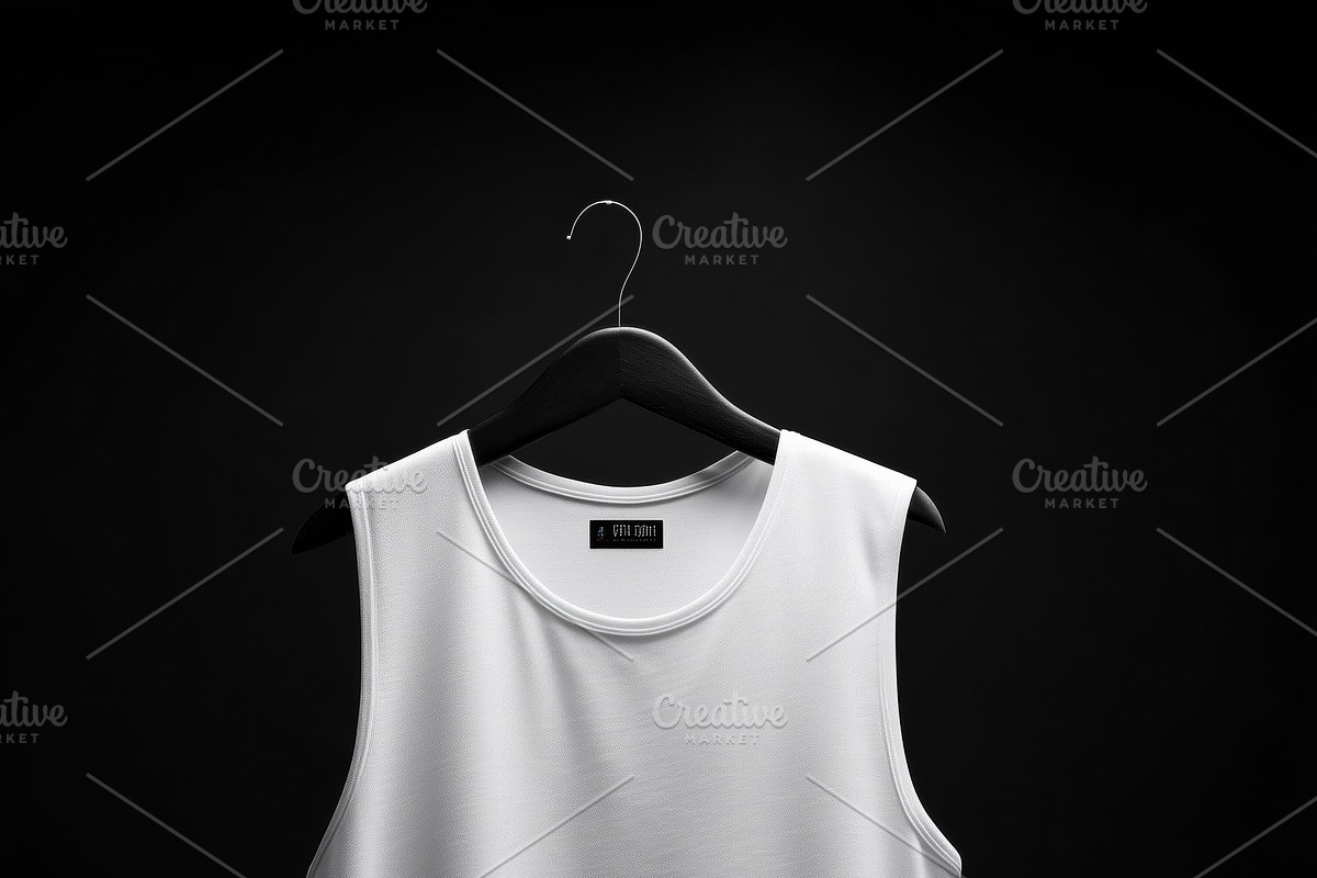 A plain white sleeveless tank top mockup shirt hanging on a black background, s, a Shirt Mockup by Textures & Backgrounds