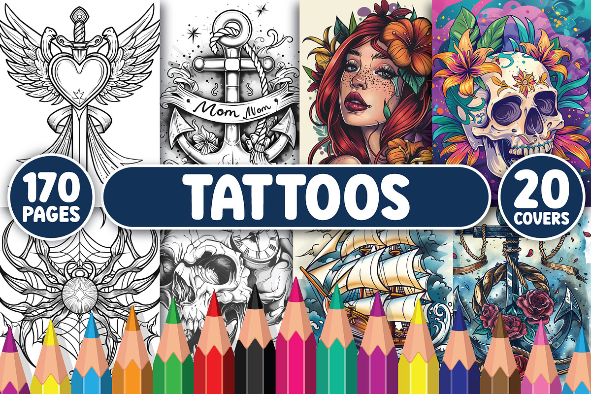 170 Tattoos Coloring Pages, an Illustration by BrightMart