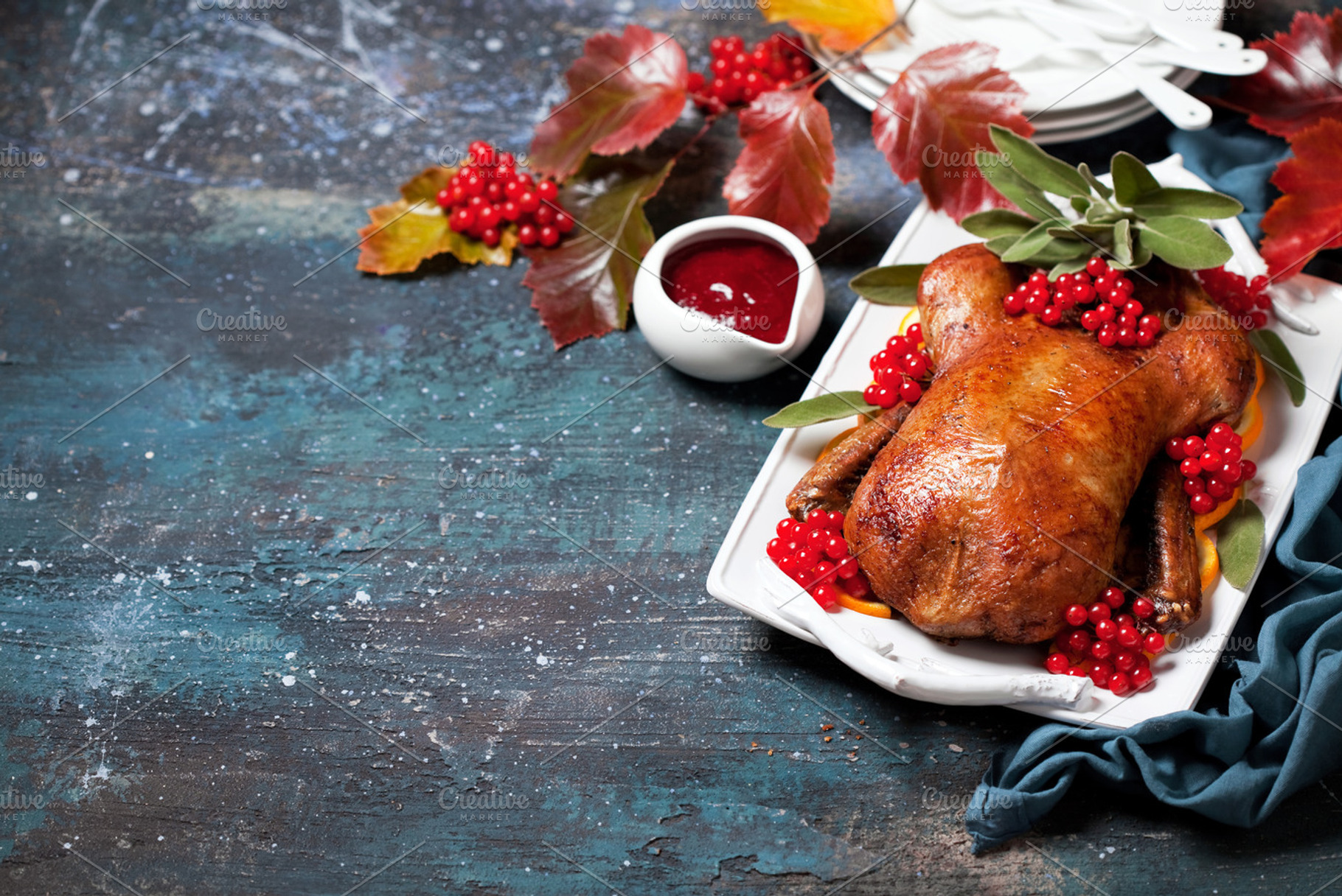Roast duck with oranges sage and berries stock photo containing autumn and, a Holiday Photo by Y. A. Photo
