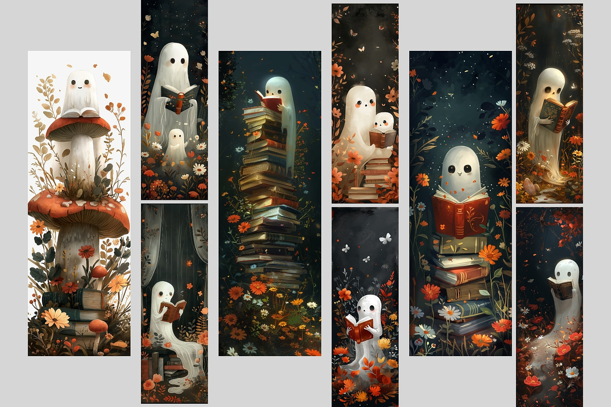 Cute Ghosts Reading Bookmarks, a Seasonal Illustration by NadiaTheronArt (Photo 2 of 3)