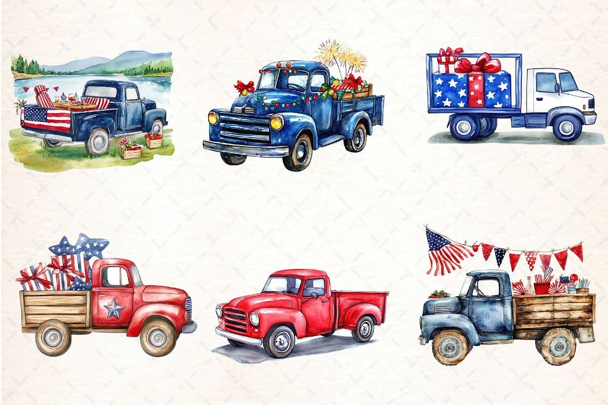 watercolor Truck 4th of july, an Illustration by DreamCafeArt (Photo 3 of 5)