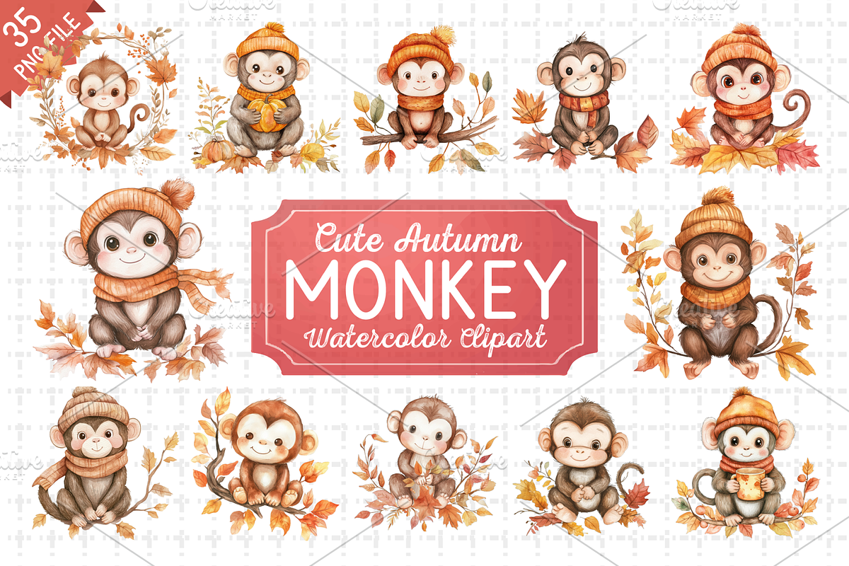 Cute Autumn Monkey Watercolor Bundle, an Illustration by RaiihanCrafts
