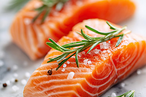 Raw salmon steaks garnished with rosemary on a light background for culinary pr, a Food & Drink Photo by AlyaAnd