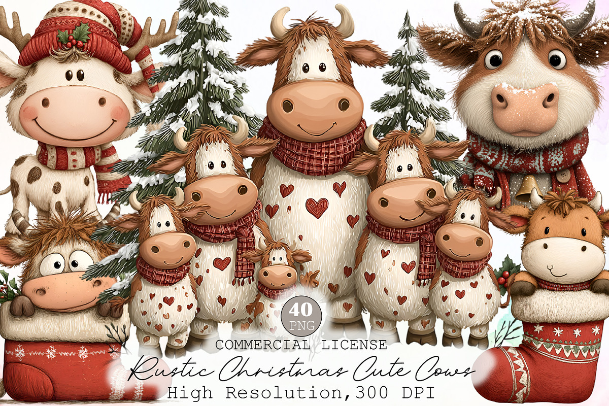 Rustic Christmas Cute Cows Clipart, an Illustration by Sublimation Artist (Photo 1 of 6)