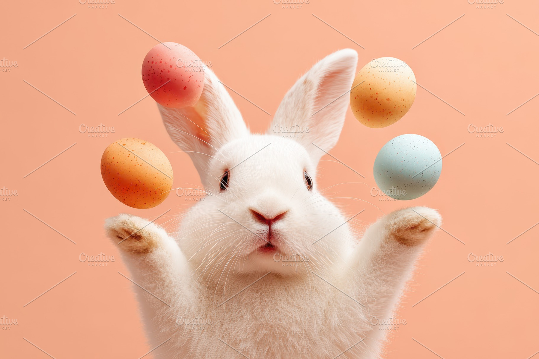 Easter bunny with pastel floating eggs, an Animal Photo by AlyaAnd