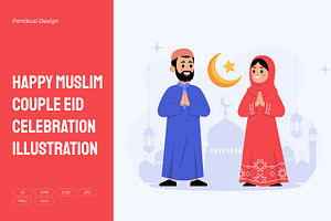 Happy Muslim Couple Eid Celebration, a Person Illustration by Partikusi Design
