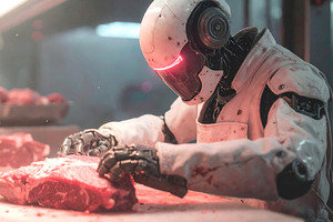 Robot butcher carefully preparing raw meat under bright neon lig, an Industrial Photo by GoodGoods