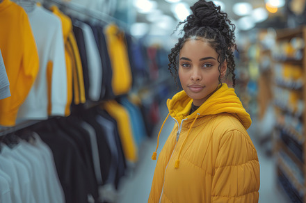 Stylish African American Woman Shopping in Sportswear Store, Wearing a Bright Y, a Photo by AS photostudio