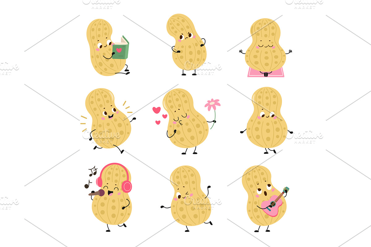 Cartoon peanuts. Peanut character, a Food Illustration by Valerie Bodnar