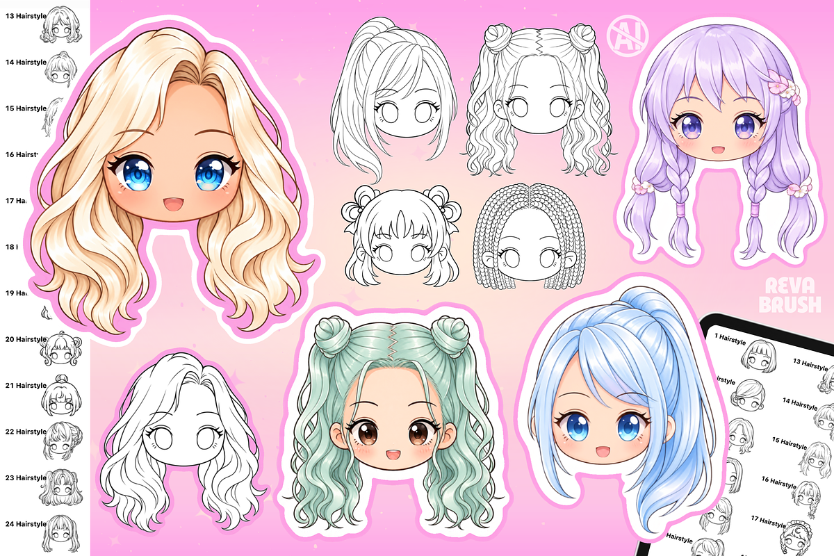 Procreate Chibi Hairstyles brushes, a Brush Add-On by Revabrush (Photo 4 of 16)