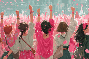 Women united raising fists in a sea of pink confetti celebrating, a Person Photo by José Manuel Gelpi