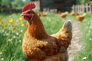 A realistic chicken walking along a dirt path in a vibrant farm setting. The ba, an Animal Photo by Textures & Backgrounds