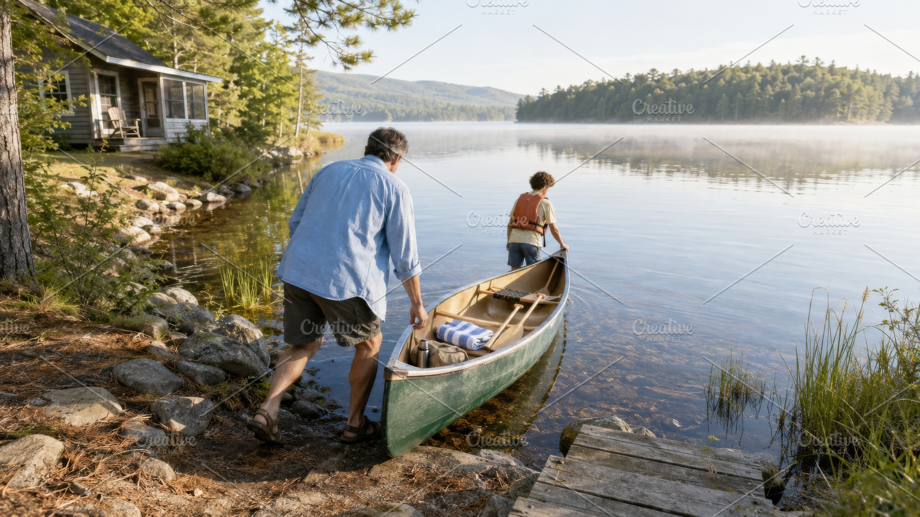 People by lake with canoe and cabin,, a Photo by Dvoevnore photos