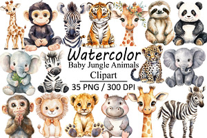 Watercolor Baby Jungle Animals, an Illustration by Design Market